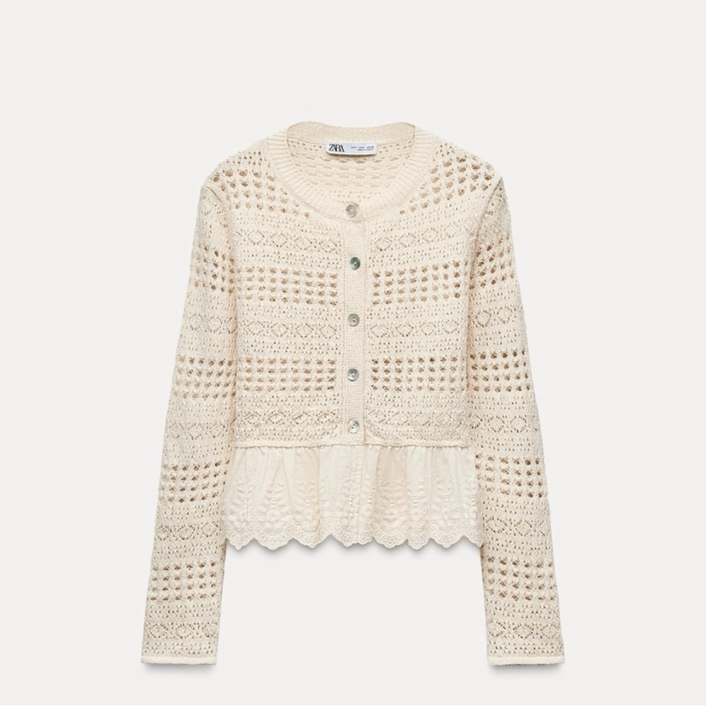 Zara Combination Pointelle Knit Cream Lace Embroidered Knit Cardigan XL